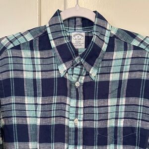 LIKE NEW Vintage 100% Linen Brooks Brothets Navy and Blue Plaid Button Down